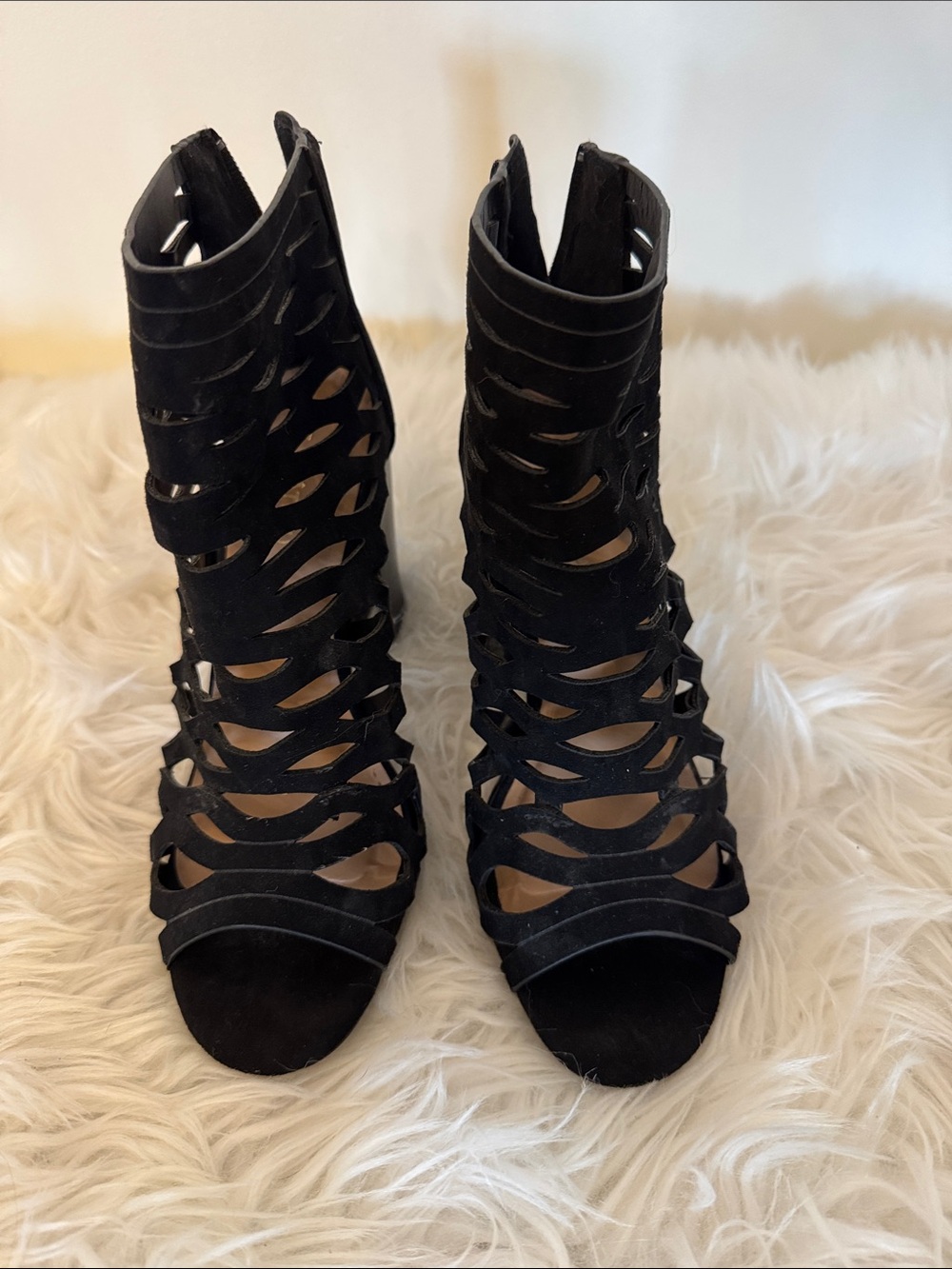 le chateau Black Laser-Cut High Heel Sandal Boots